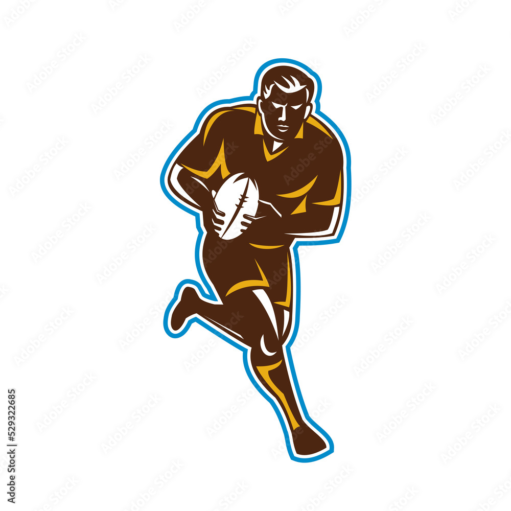 Poster illustration of a rugby player with ball running passing viewed from front set on isolated white bac
