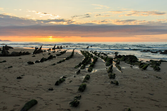 The wonderful and peculiar beach of Barrika at sunset