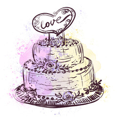 Yellow, pink wedding cake on a white background, hand-drawn sketch. Watercolor illustration of a wedding cake in vintage style