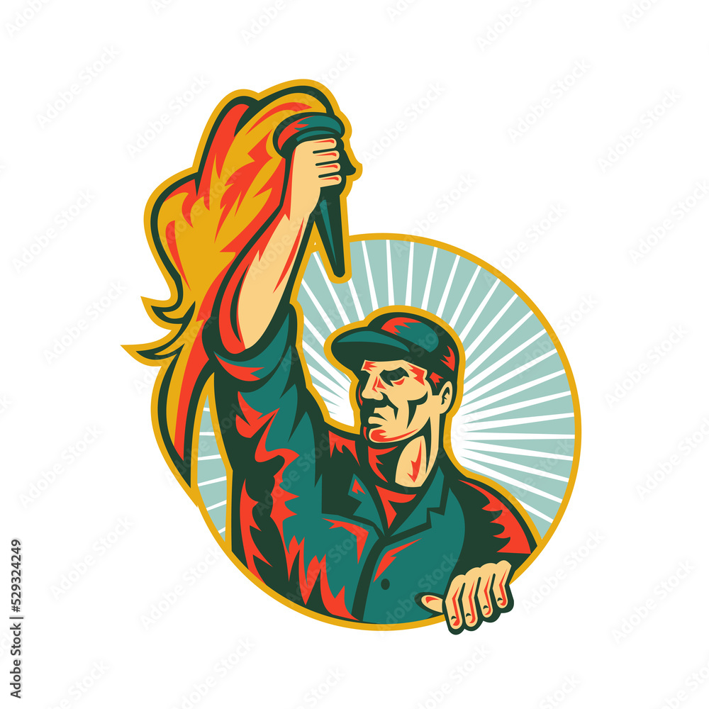 Poster worker holding up flaming torch circle retro
