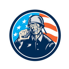 World War Two Soldier American Grenade Circle Woodcut