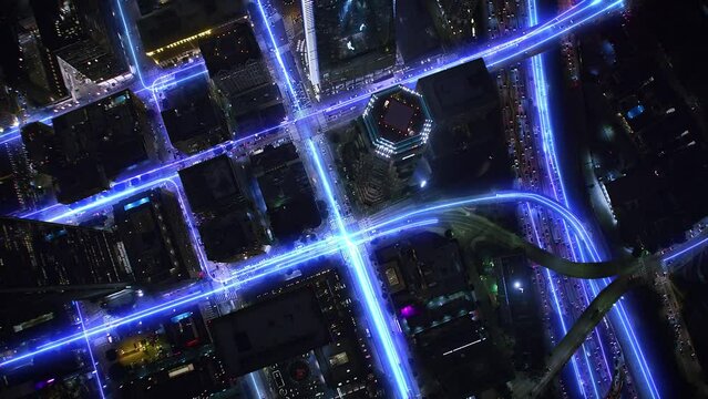 
Overhead Close up Aerial View of Smart City With  Connected Speed Neon Line Lights. Line Trail Flashing In Streets And Avenues. Downtown Los Angeles.