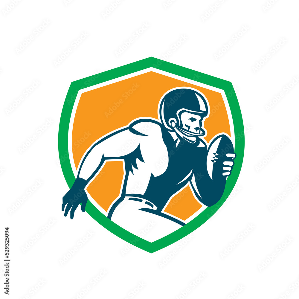 Poster illustration of an american football gridiron player holding ball running rushing viewed from the si