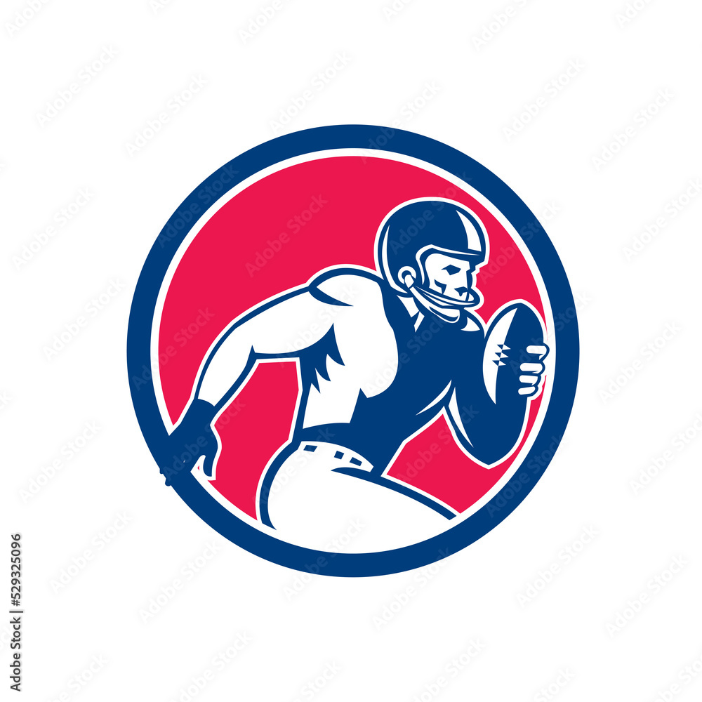 Poster illustration of an american football gridiron player holding ball running rushing viewed from the si
