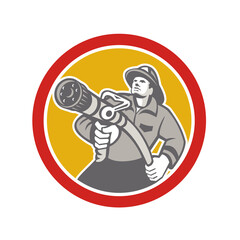 Fireman Firefighter Aiming Fire Hose Circle