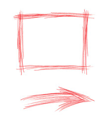Red forms of fram and arrow - pencil drawing set, hand drawn isolated on white	