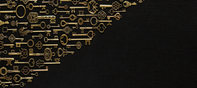 Vintage victorian style golden skeleton keys. Concepts of keys to success, unlocking potential, or achieving goals. With blank copy space.