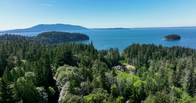 Chuckanut Island Pleasant Bay Governors Point View of Pacific Ocean Coast Water Forest San Juan Islands Bellingham Washington USA Aerial Flyover
