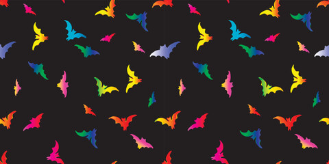 Halloween seamless pattern with color bats on a black background. Vector illusrtation for holiday banner, backgrounds, textile and wrapping paper.