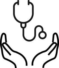 Support, present and charity concept. Modern vector sign drawn with black thin line. Editable stroke. Vector line icon of stethoscope over outstretched hands