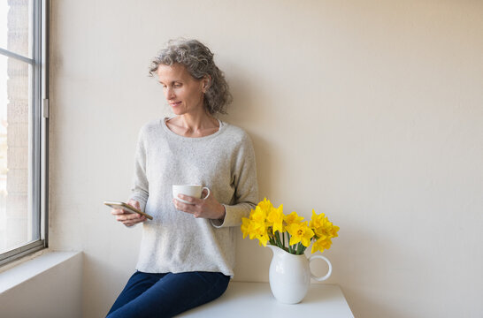 Natural looking middle aged woman with grey wavy hair smiling using smart phone next to window with flowers and copy space (selective focus)