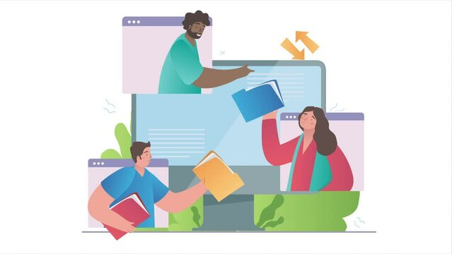 Online video conference concept. Moving office employees sit at desk and communicate with manager or boss online. Remote business meeting of partners or entrepreneurs. Flat graphic animated cartoon