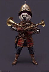 Naklejka premium concepts of dogs with medieval armor and musical instruments as weapons