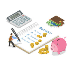 Family budget flat isometric concept.