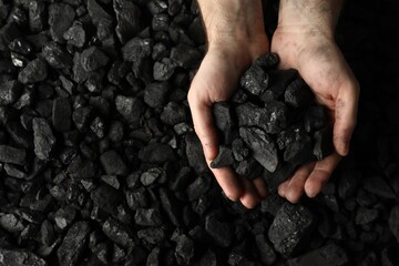 Man holding coal in hands over pile, top view. Space for text