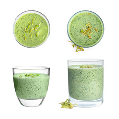 Set with green buckwheat smoothies on white background