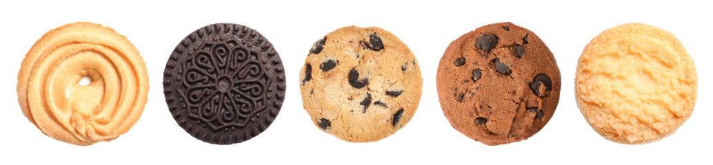 Set with delicious different cookies on white background, top view. Banner design