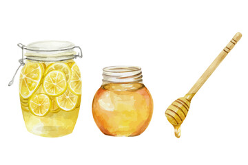 はちみつレモン　蜂蜜　ハニーディッパー　水彩イラスト