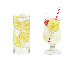 レモンサワーとレモンスカッシュ　水彩イラスト

