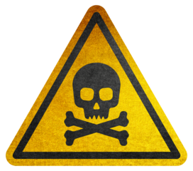 Yellow triangular sign. Grungy style danger sign with skull and cross bones. Rusty. Warning. Caution. Hazard. Danger. Worn out. 
