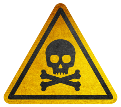 Yellow triangular sign. Grungy style danger sign with skull and cross bones. Rusty. Warning. Caution. Hazard. Danger. Worn out. 