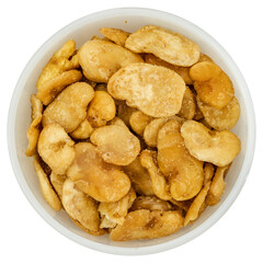 Bowl of toasted broad beans viewed from above. Highly detailed top view of toasted broad beans. Toasted broad beans tale. Vicia faba.  Zenith. Aerial view. Dish.