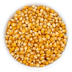 Top view of bowl with Popcorn Kernels Uncooked. Popcorn Kernels Uncooked in a Ceramic Bowl.