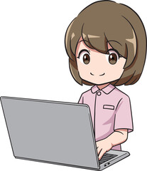 PCを使う看護師の女性