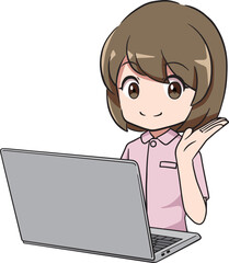 PC前で案内をする看護師の女性