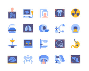 Medical equipment colorful icons set. Devices for tomography, mammography, X-ray and electrocardiography. Design elements for websites. Cartoon flat vector collection isolated on white background