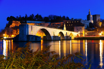 The Pont St-Benezet, Palais des Papes and Rhone River at evening,Avignon, France
