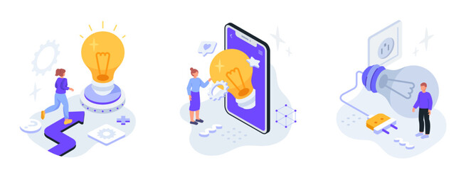 Idea finding illustration set. Men and women looking for new business opportunities and problem solving. Creative characters with light bulbs. Cartoon isometric vector collection isolated on white