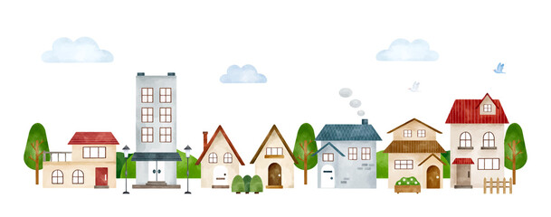 夏の街並み　水彩風イラスト