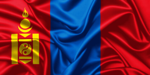 Mongolia waving national flag close up silk texture satin illustration background.