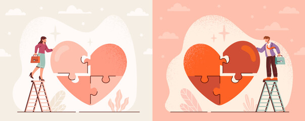 Work passion concept. Set of Entrepreneurs assembling heart shaped puzzle. Metaphor for motivation to achieve success and career growth. Love for work. Cartoon flat vector illustration collection