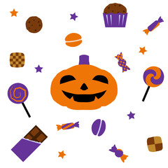 お菓子に囲まれたハロウィンのカボチャ