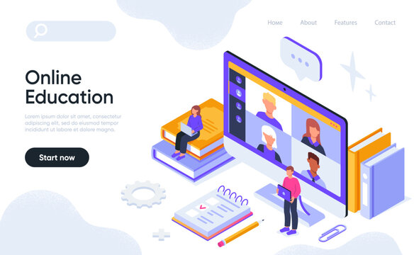 Online education concept. Young students listen to course or remote lecture via video link. Learning and study. Design element for landing page or website. Cartoon isometric vector illustration