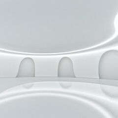 Modern white space interior with curve wall 3d render, There are glossy floor and ceiling decorate with hidden light.
