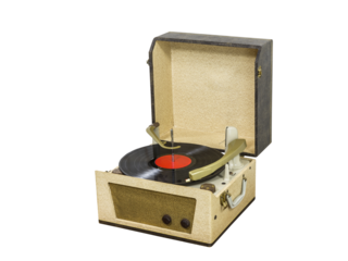 Vintage record player box with vinyl album isolated.