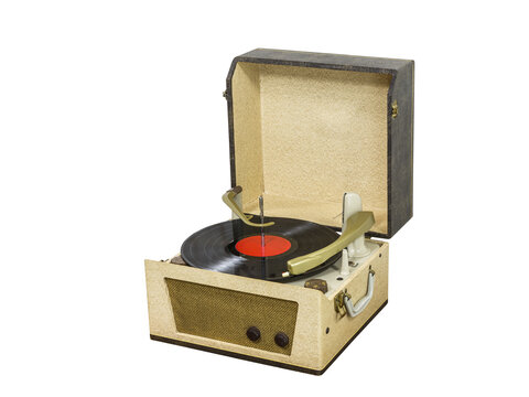 Vintage record player box with vinyl album isolated.