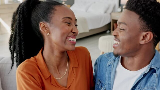 Couple selfie, love and black couple sharing kiss during influencer streaming video for social media. Portrait and face of happy man and woman sharing picture on internet to show commitment and bond