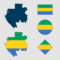 Vector of Gabon country outline silhouette with flag set isolated on white background. Collection of Gabon flag icons with square, circle, rectangle and map shapes.