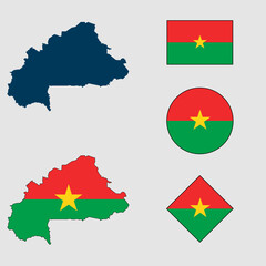 Vector of Burkina Faso country outline silhouette with flag set isolated on white background. Collection of Burkina Faso flag icons with square, circle, rectangle and map shapes.