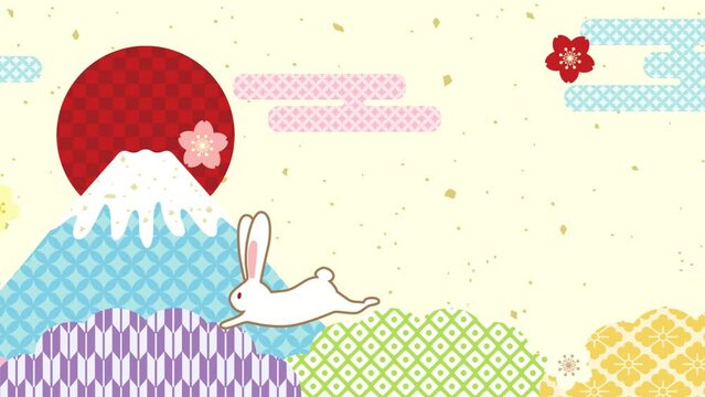 うさぎ年に使える和柄の背景とウサギが飛び跳ねているビデオ　桜ありバージョン