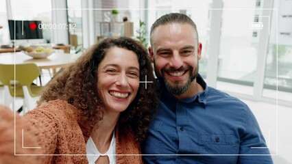 Love, kiss and couple with video selfie recording relax, romantic and bonding moment for future memory watching. Camera frame of a digital display screen of happy man and woman spend quality time