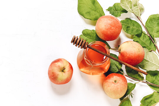Apples and honey. Autumn composition. Traditional Jewish holiday New Year. Happy Rosh Hashanah.