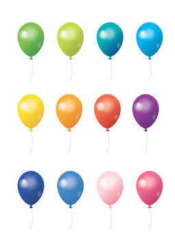 12色の様々な色のゴム風船のイラストのセット。白背景、ベクターデータ