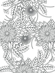 Doodle floral pattern in black and white. A page for coloring book: fascinating and relaxing job for children and adults. Zentangle drawing. Flower carpet in a magic garden