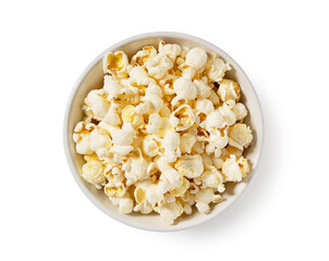 Popcorn in a white bowl placed on a white background.