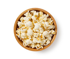 Popcorn in a wooden bowl placed on a white background.
